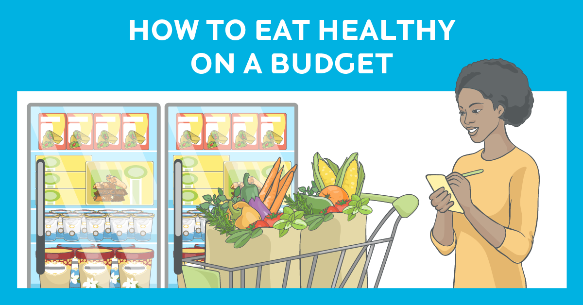 woman with shopping card and text that says how to eat healthy on a budget