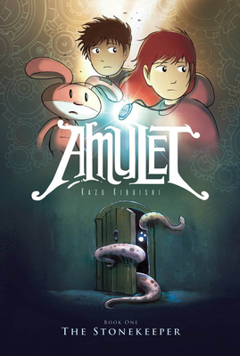 Rabbit and two characters standing behind the title above a castle door with a snake coming out of it