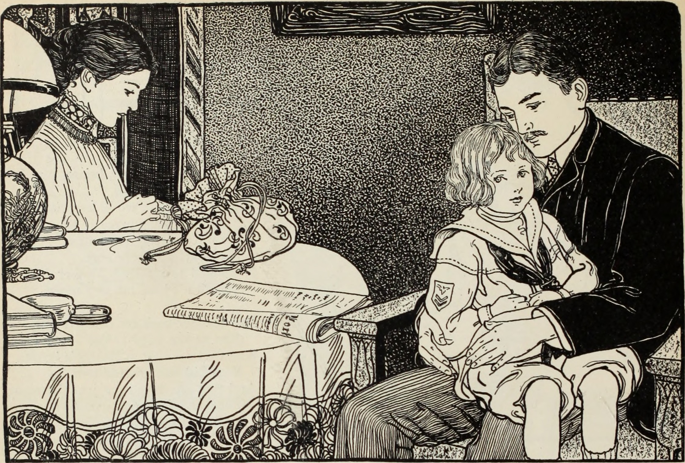 Line art of victorian child on her fathers knee with a mother to her left at a table sewing.