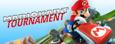 mario kart tournament text next to mario racing