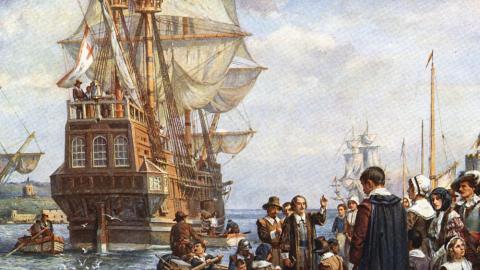 drawing of the mayflower and people