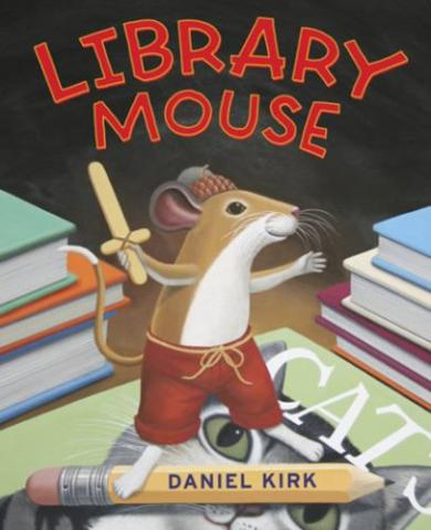 Image of a mouse with sword standing with a pile of books on either side.