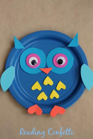 blue owl made of paper plate and foam