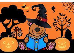 cartoon bear wearing a witch hat reading a book surrounded by jack o lanterns
