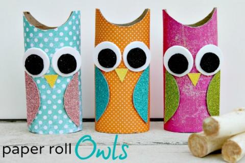 colorful owls made out of toilet paper rolls