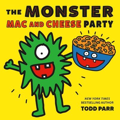 A green spikey one eyed monster holding a bowl of mac and cheese with a face on the bowl