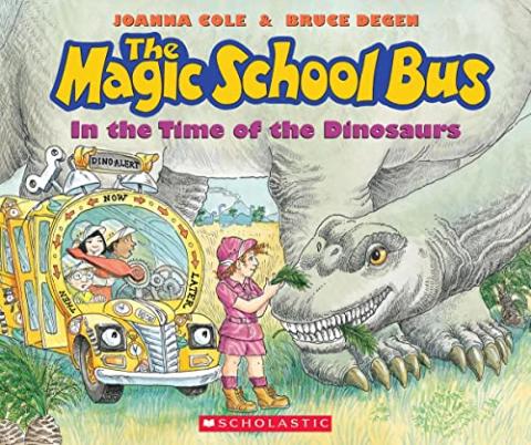 Ms. Frizzle with an Apatosaurus and the bus as a time machine.