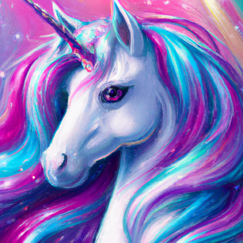 Unicorn with a pink horn and blue and pink mane.