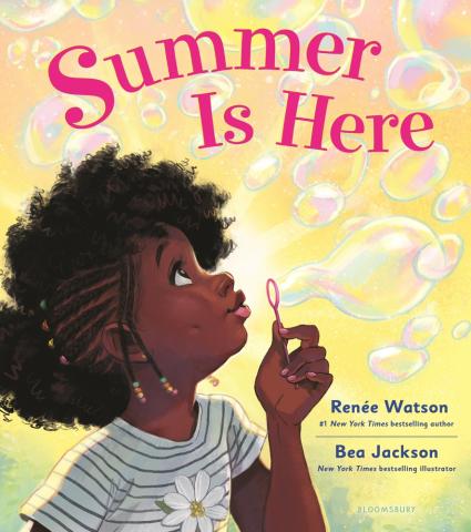 African American kid blowing bubbles with the words "Summer Is Here," In dark pink above her.