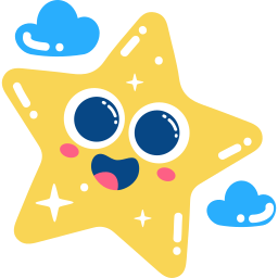 Smiling star sticker with blue cloud on the top left and bottom right of the screen.