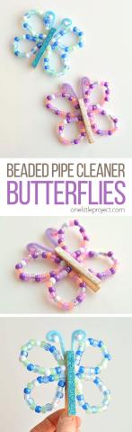 butterflies made of clothespins, pipe cleaners, and pastel beads