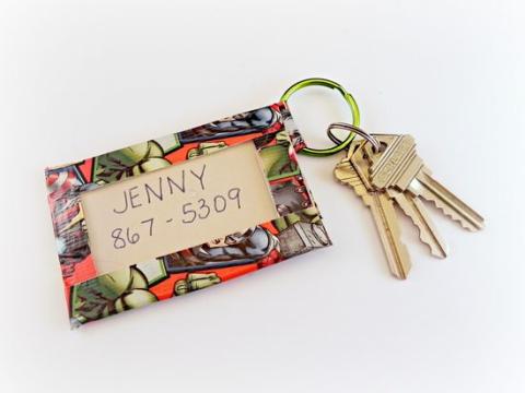 id holder made of colored duct tape on a keyring