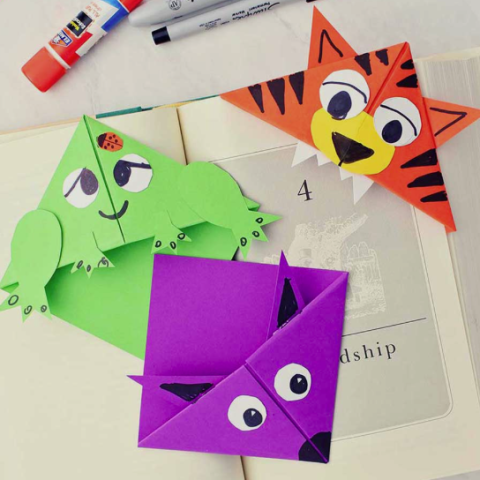 origami bookmarks that look like a tiger, fox, and frog