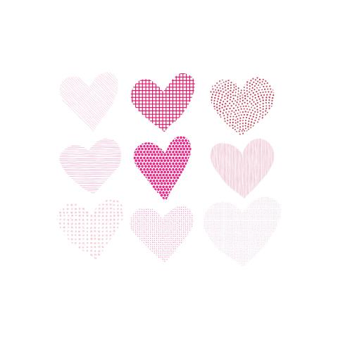 Hearts in a 3 by 3 grid in various shades of pink, red, and white.