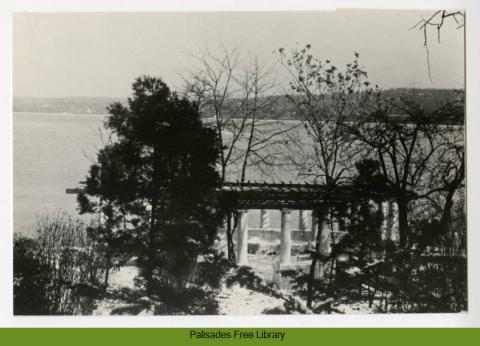 black and white photo of the pergola at the waterfall