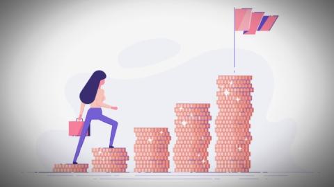 woman climbing steps made of money
