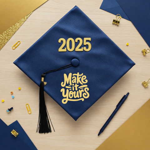 Decorated 2025 graduation cap that says "Make it yours" 