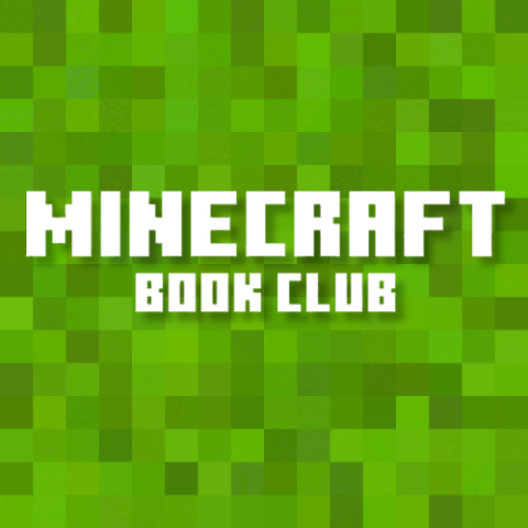 minecraft book club logo on an in-game green grass texture background