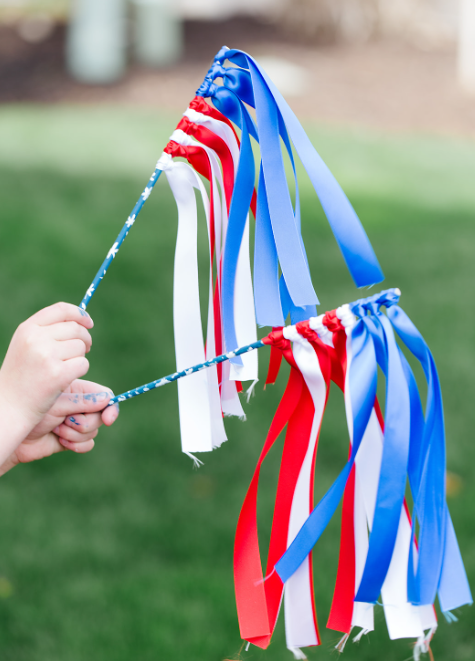 Ribbon wand flag in red, white, and blue.