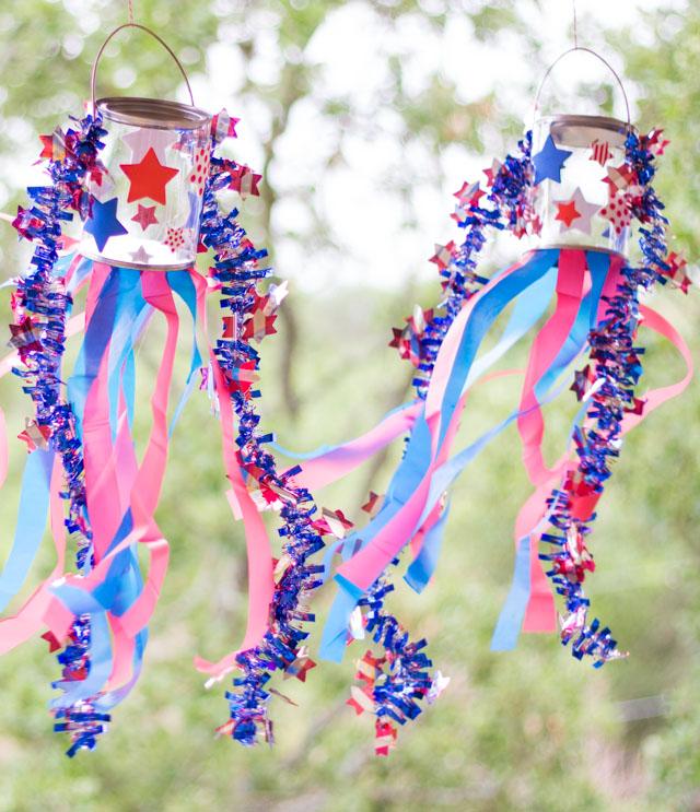 plastic buckets with red white and blue streamers