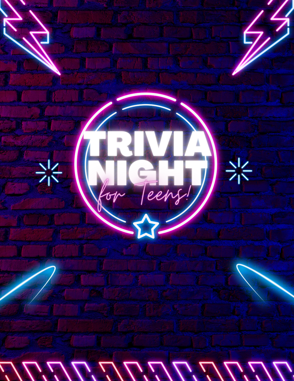 Teen Trivia Night in pink and blue neon lights