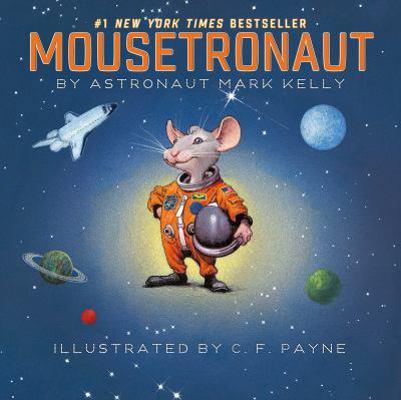 mouse in a space shuttle era orange space suit with a blue background and a shuttle behind with planets around it.