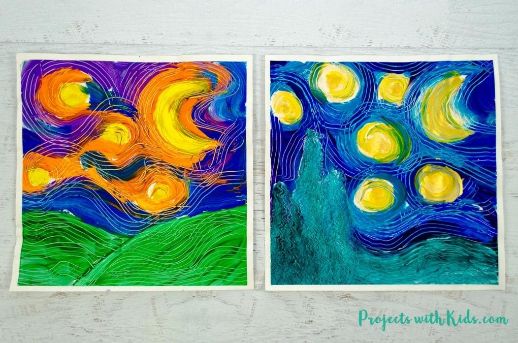 starry starry night made with paints and details created with the tines of a fork