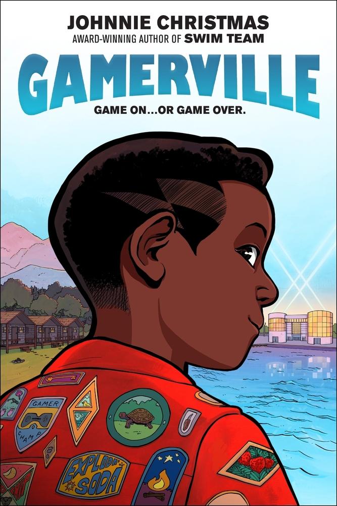 African American boy with a red jacket with patches on a lakeside background