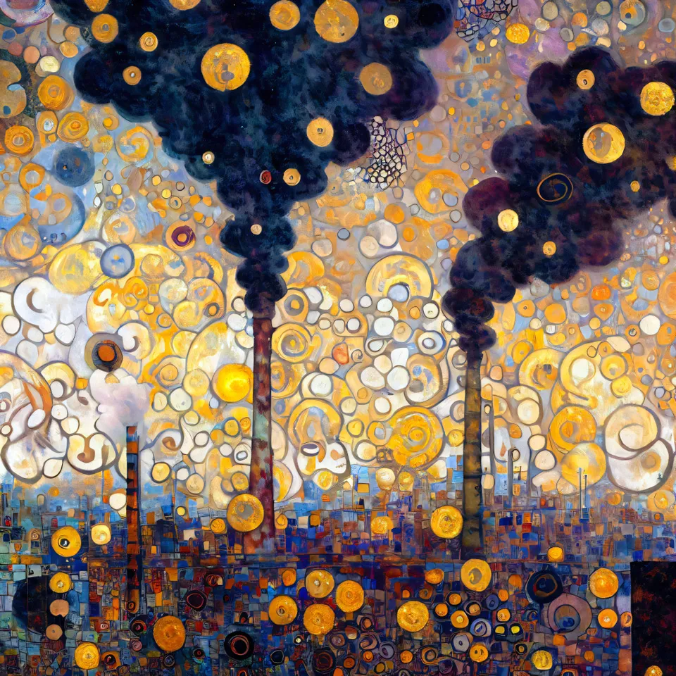 AI generated image in the style of Gustav Klimt depicting dark smoke rising out of smokestacks