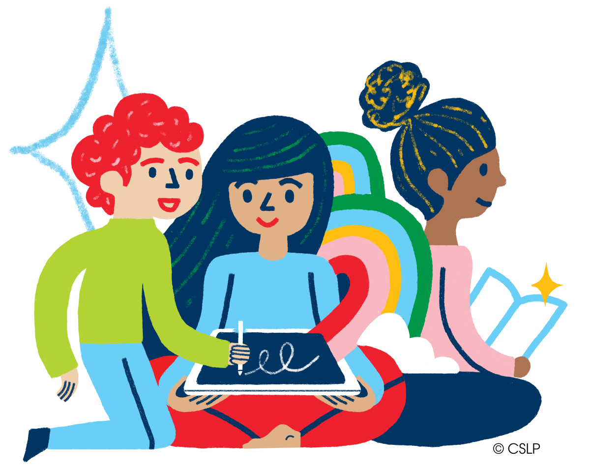 Friends of all colors reading together.