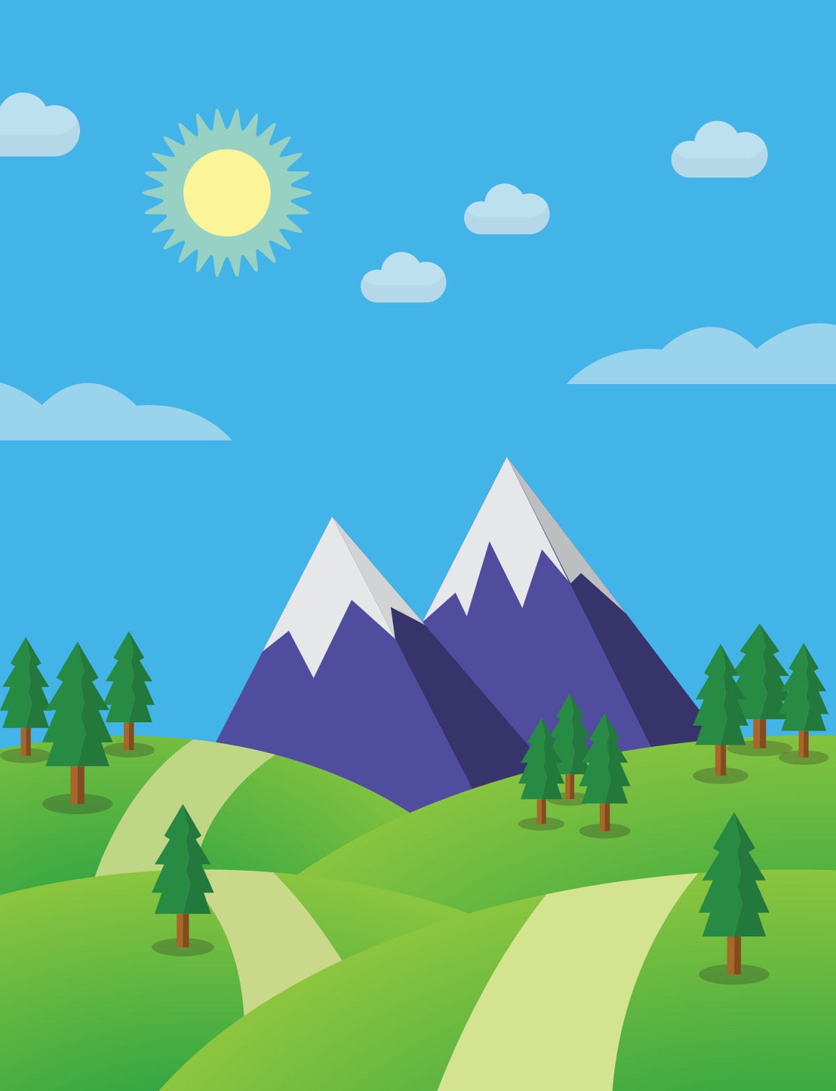 Mountains and sun with green grass in the foreground.