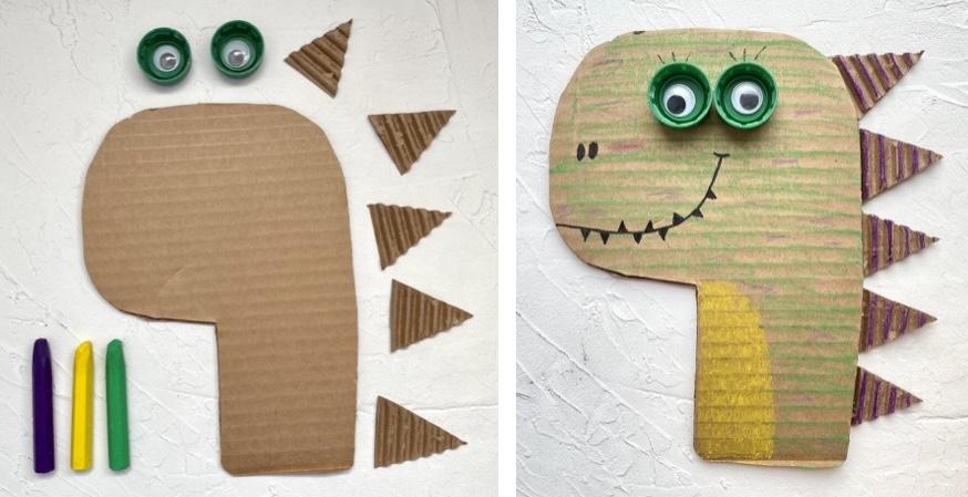 cardboard dinosaur head with bottle caps for eyes