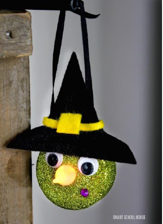 witch made out of a tea light candle with flame for nose