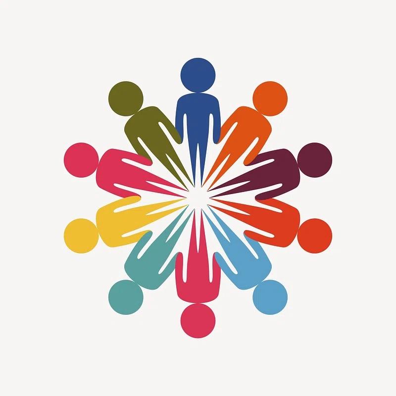 Multicolored group of stick figures holding hands in a circle.