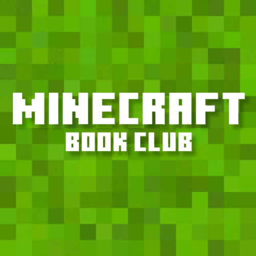 minecraft book club logo on an in-game green grass texture background