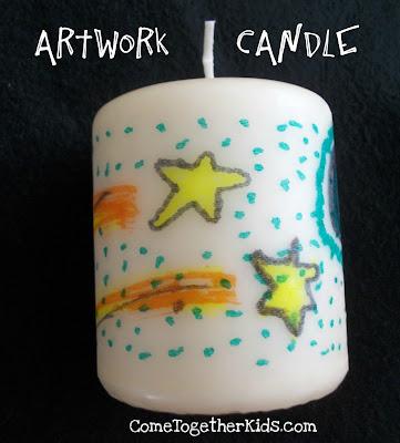 candle decorated with kids' drawing